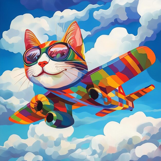 A colorful cat is flying in the sky and has a colorful picture of a cat