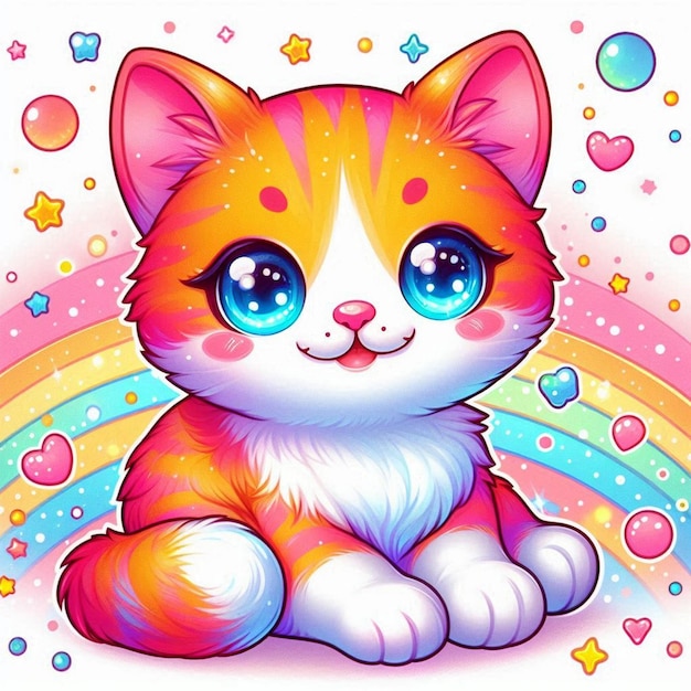 Photo a colorful cat with blue eyes and a rainbow background