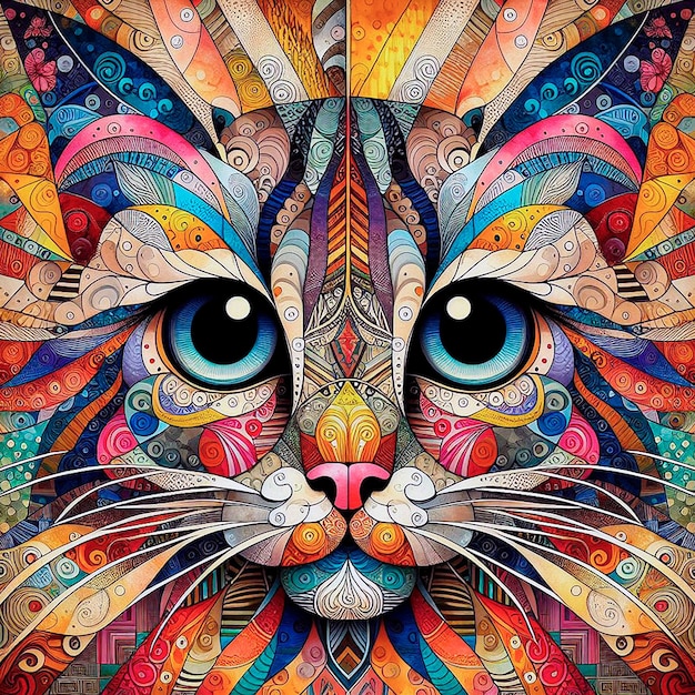 a colorful cat with a colorful face on it