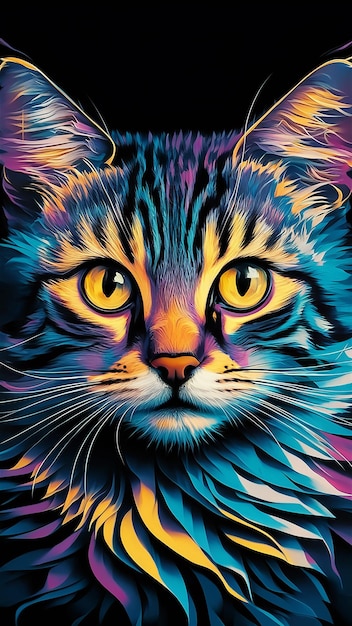 a colorful cat with a colorful face and the yellow eyes of a tiger