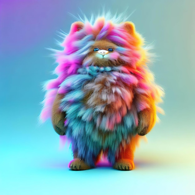 A colorful cat with a fluffy tail stands on a colorful background.