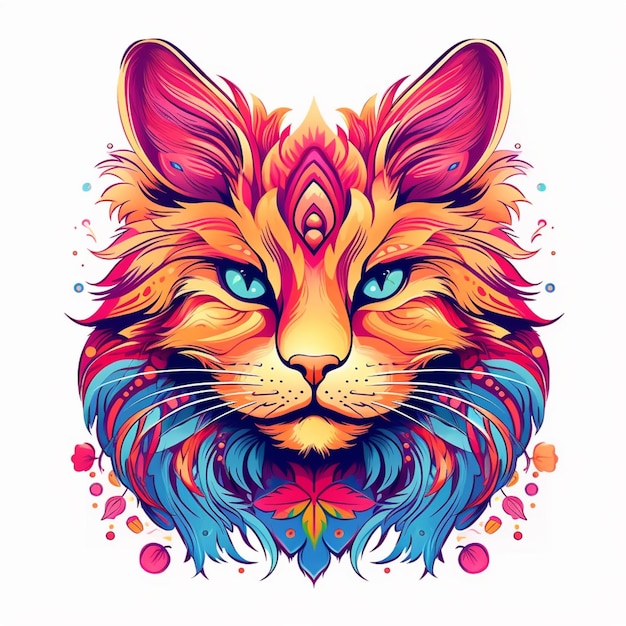 A colorful cat with a long mane and blue eyes generative ai