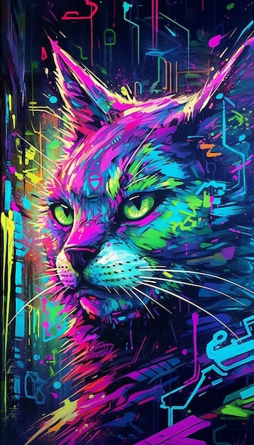 A colorful cat with the word cat on it