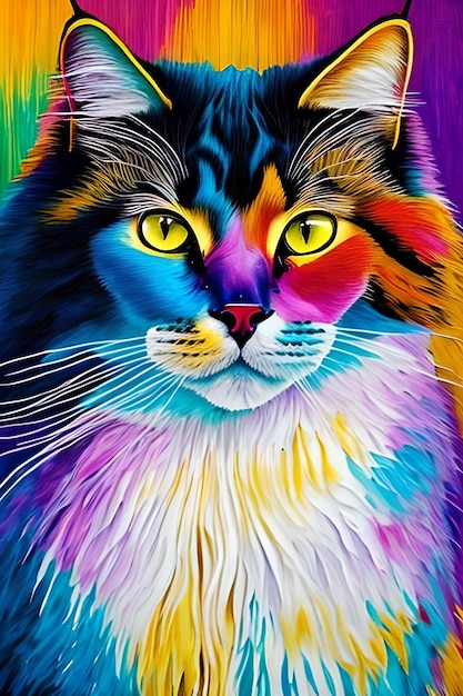 A colorful cat with yellow eyes.