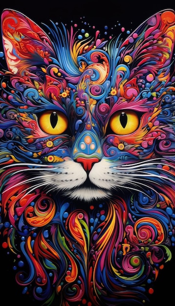 a colorful cat with yellow eyes