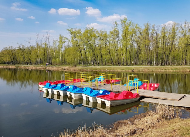 Colorful catamarans stand in a row at the wooden pier Calm surface of the lake for water