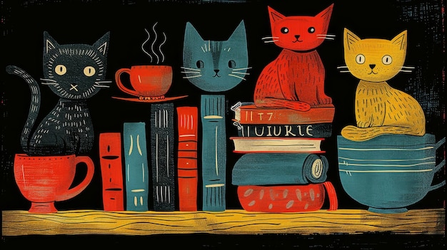 Photo colorful cats books and coffee illustration