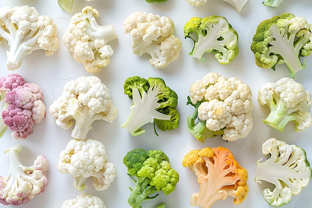 Colorful Cauliflower and Broccoli Florets on a White Background