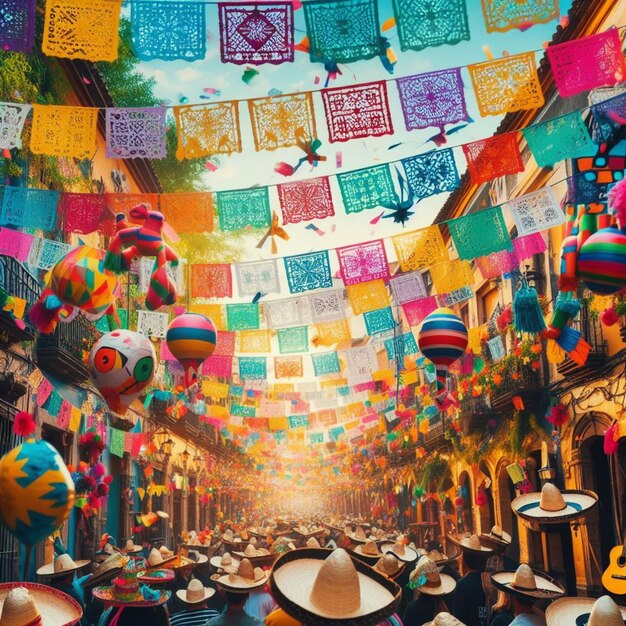 a colorful ceiling with a lot of decorations and a hat on it