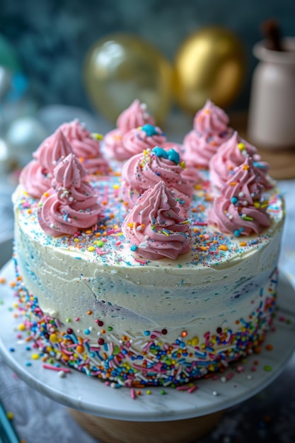 Photo colorful celebration birthday cake with sugar sprinkles cream