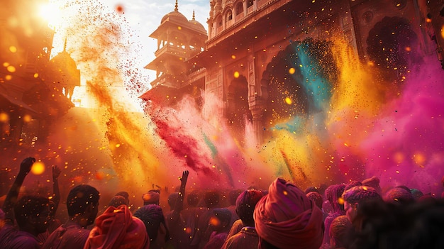 Photo a colorful celebration in front of a traditional building