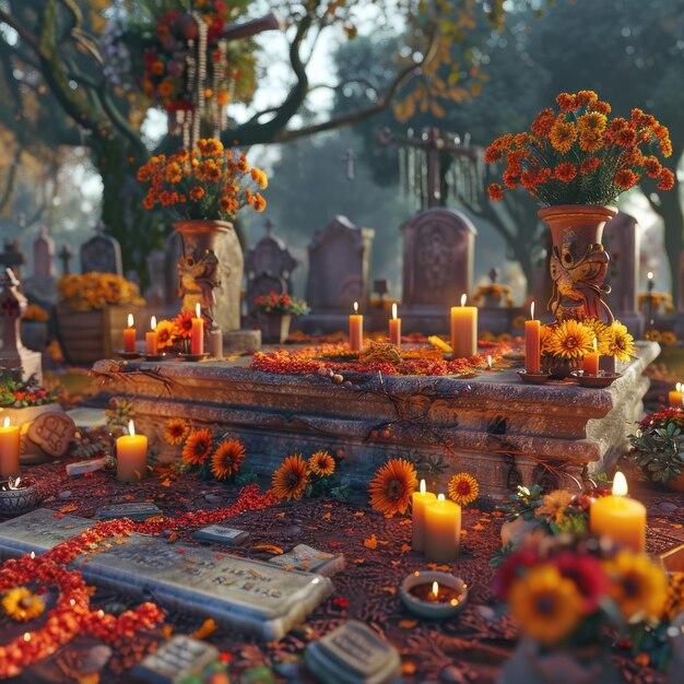 Photo colorful celebrations of life day of the dead altar offerings and sugar skulls