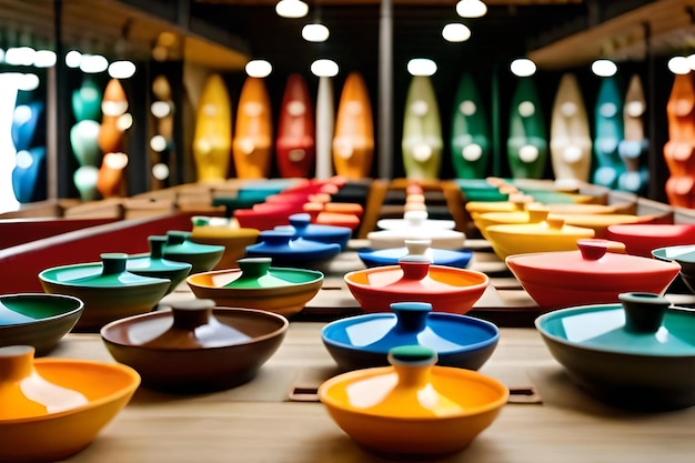 Colorful ceramic bowls are displayed in a shop.