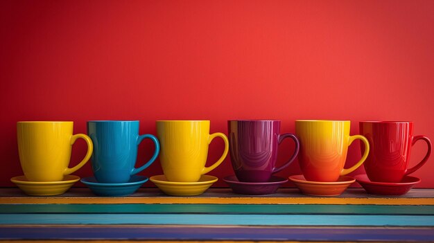 Photo colorful ceramic coffee mugs on striped wooden table against red background