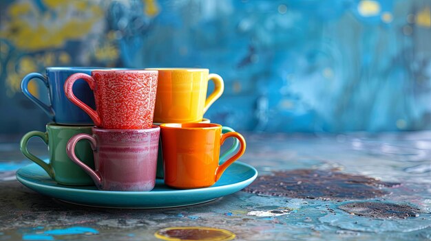 Photo colorful ceramic mugs stacked on a plate with a blue background