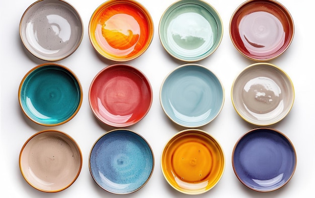 Colorful Ceramic Plates Arranged in Rows on a White Background