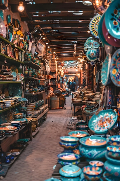 Colorful Ceramic Pottery Displayed in a Moroccan Market Generative AI