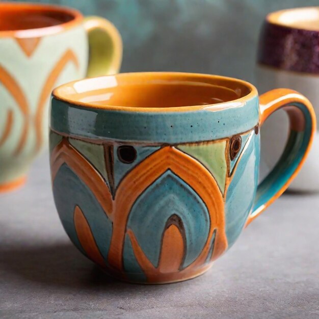 Colorful ceramics coffee cup closeup view AI generated