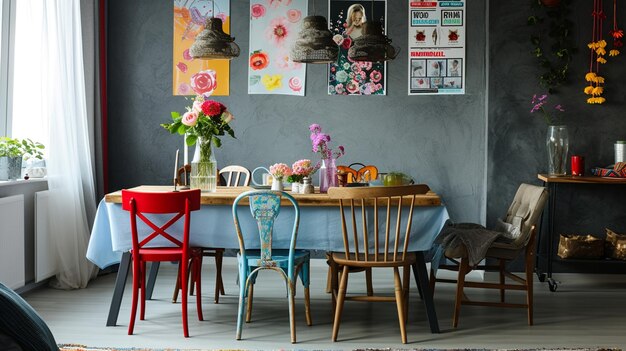 colorful chairs at wooden table covered with light blue rustic dining room Generative Ai