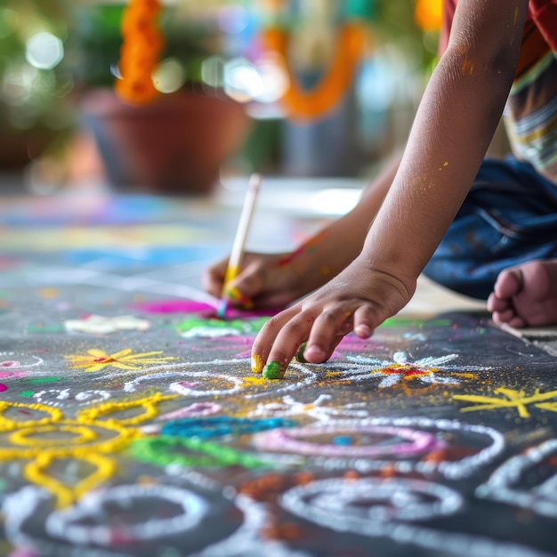 Photo colorful chalk art creation young child black surface creative learning play