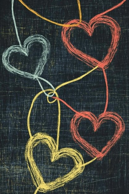 Photo colorful chalk hearts connected by strings on blackboard background