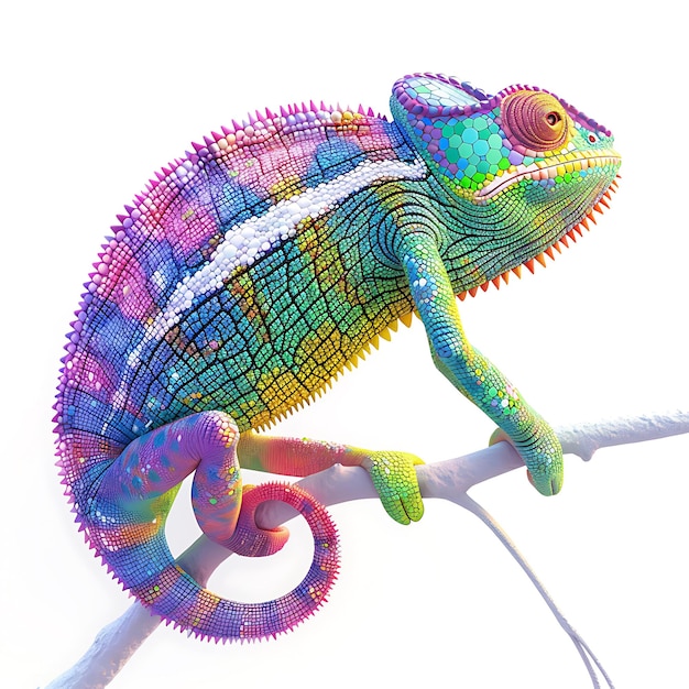 Photo colorful chameleon on branch isolated on white background