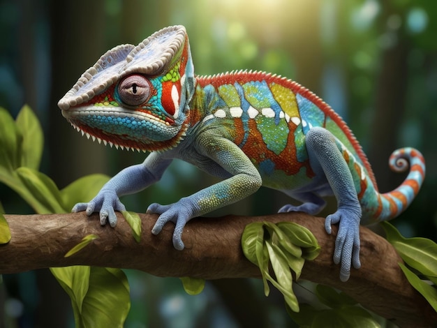 a colorful chameleon on a branch with leaves