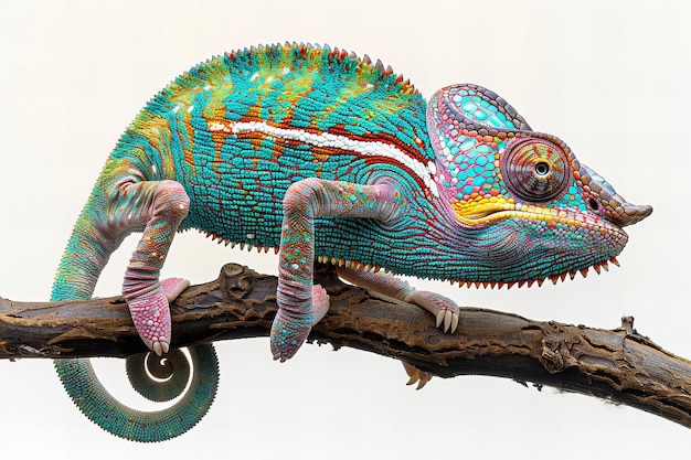 Photo a colorful chameleon on a branch with a mirror image of a chameleon on it