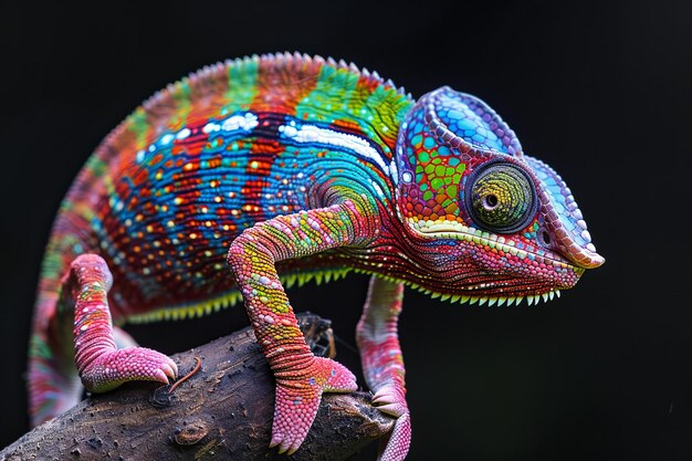 colorful chameleon on a branch with multicolored stripes