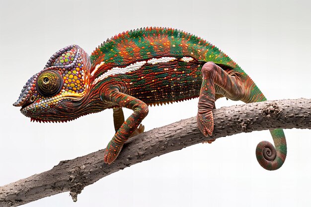 a colorful chameleon on a branch with a white background