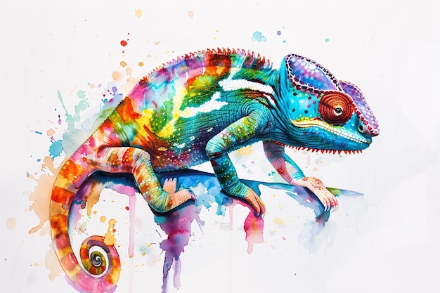 Colorful Chameleon Camouflaged in Vibrant Watercolor Art on White Background