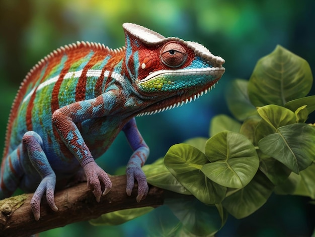 a colorful chameleon is sitting on a branch