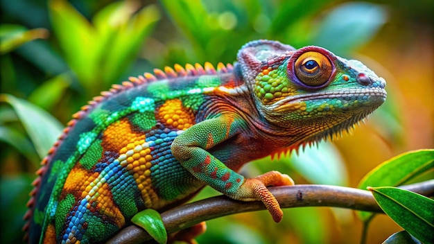 a colorful chameleon is sitting on a branch