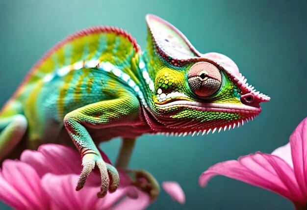 Photo a colorful chameleon is sitting on a pink flower