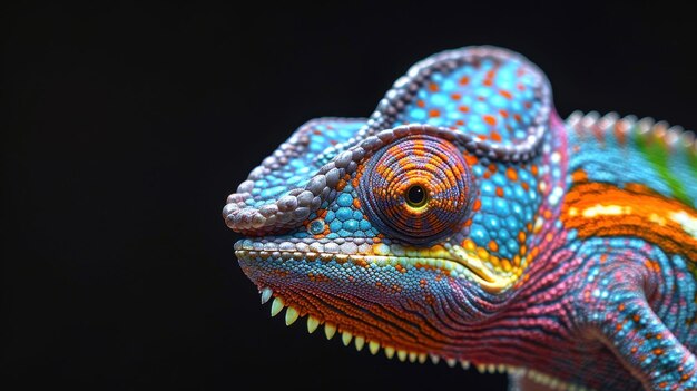 Colorful chameleon on an isolated black background