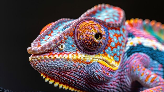 Colorful chameleon on an isolated black background