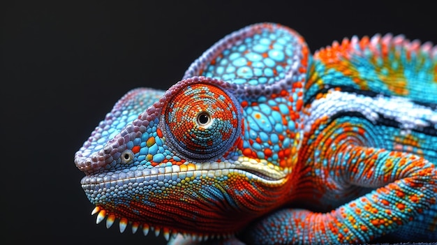 Colorful chameleon on an isolated black background