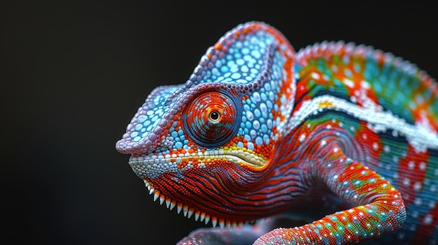 Colorful chameleon on an isolated black background