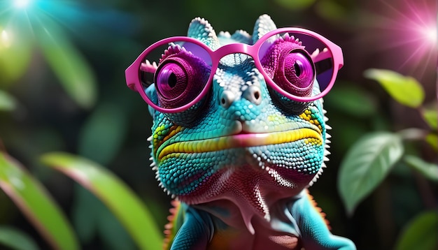 Colorful chameleon lizard with pink sunglasses tongue outside