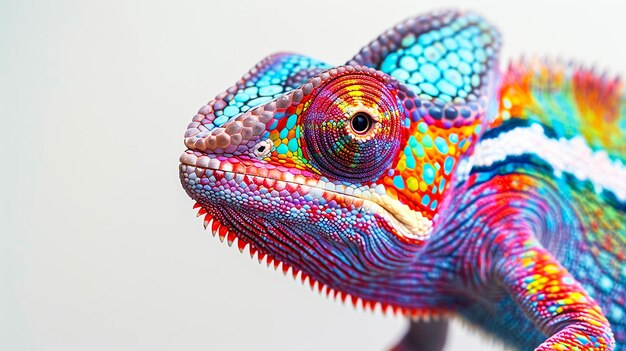 A colorful chameleon looking directly at the camera