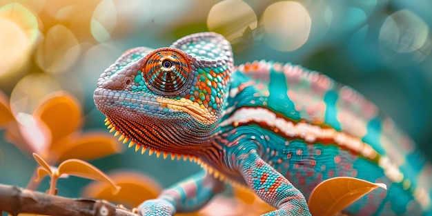 Photo a colorful chameleon looking up with a colorful face