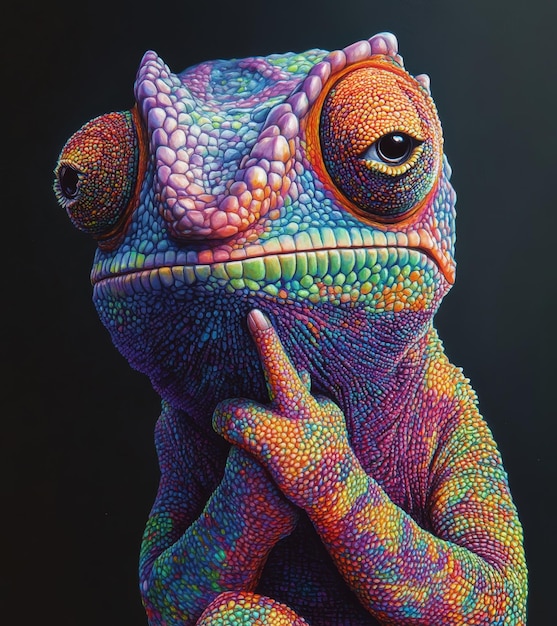 a colorful chameleon painted with multicolored spots