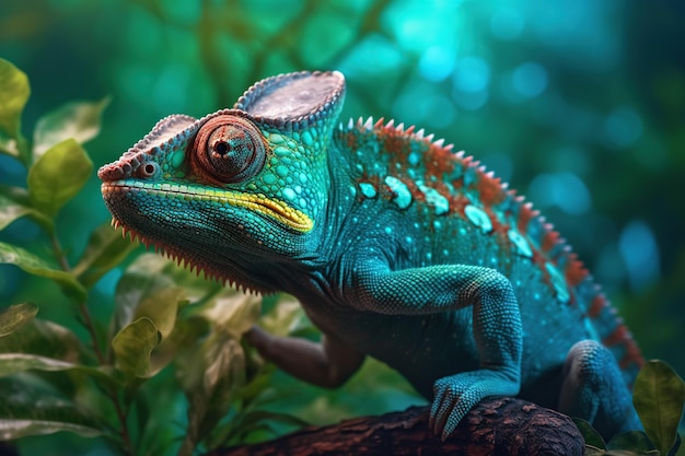 Colorful chameleon perched on a branch