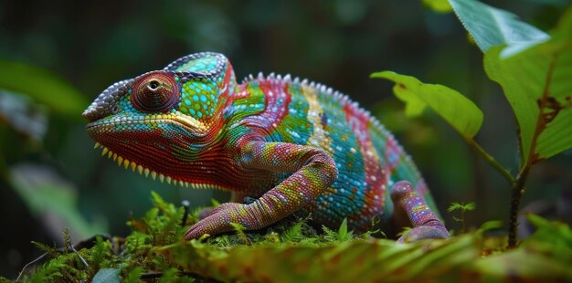 Colorful chameleon resting on moss among lush greenery