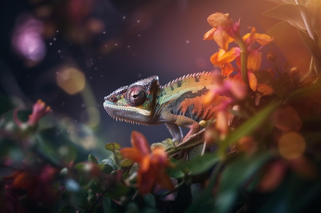 Colorful chameleon resting among vibrant flowers