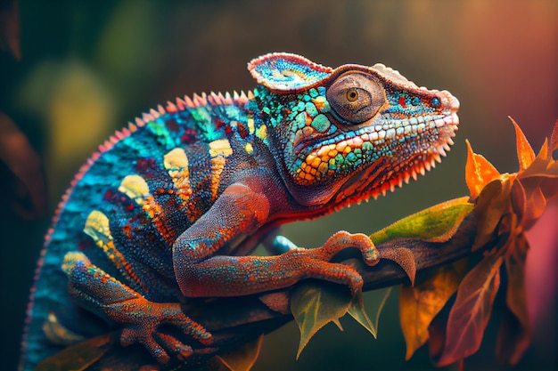 A colorful chameleon sits on a branch in the jungle