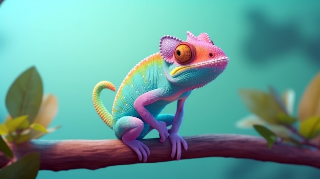 A colorful chameleon sits on a branch.