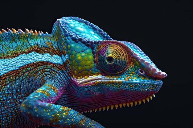 colorful chameleon sitting on black background