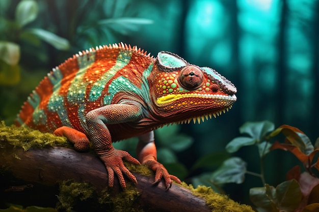 a colorful chameleon sitting on a branch in a forest