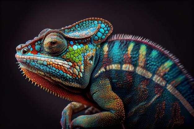 A colorful chameleon with a black background